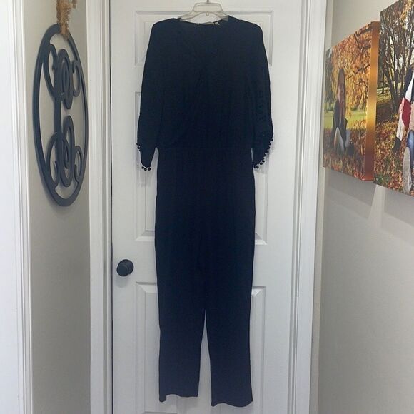 Soft Surroundings Black Patterned Jumpsuit with Cut out Sleeves & Pom Pom Trim - Picture 1 of 9